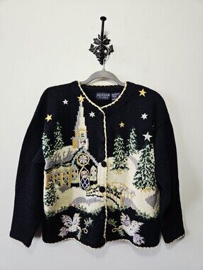 Vintage Rainbow Bridge Christmas Sweater Size M Chapel Doves Winter 100% Cotton
